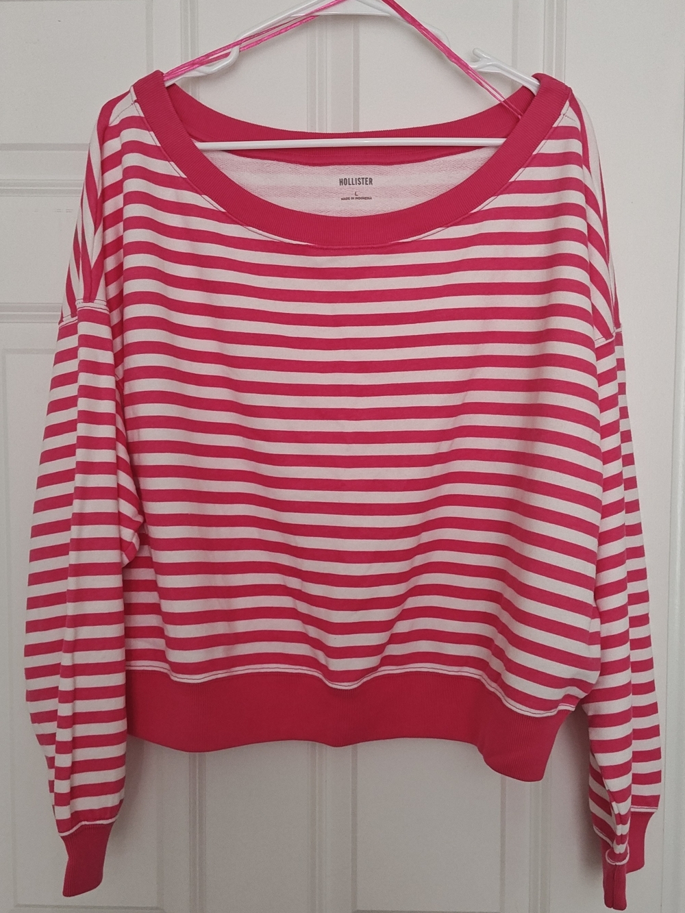 Hollister Pink and White Striped Off The Shoulder Sweatshirt